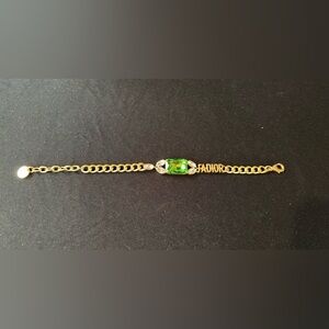 805. Upcycled Gold Tone Bracelet With Vibrant Green Centerpiece
